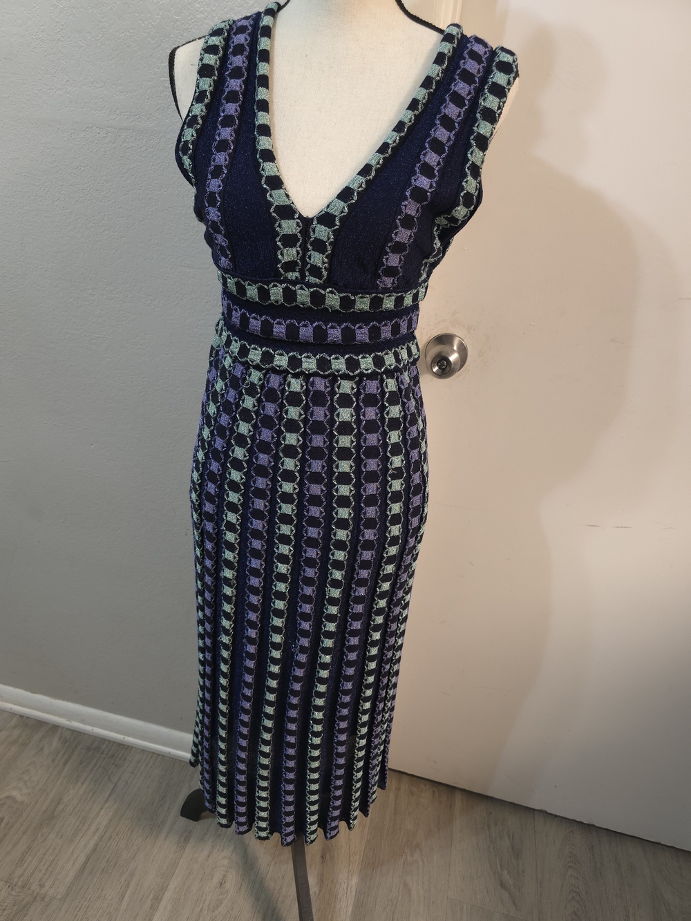 Missoni Navy and Light Blue Deep V Midi Dress - Picture 3 of 9